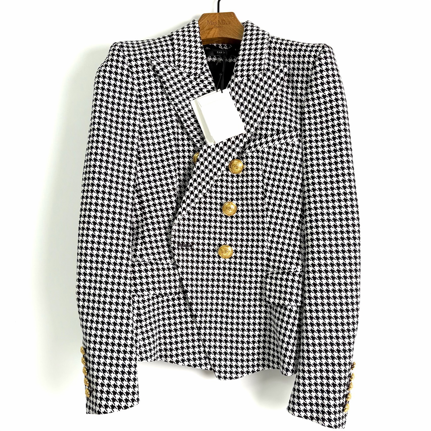 99新 BALMAIN/巴尔曼 40码 黑白千鸟格金扣外套 全新 bz1069