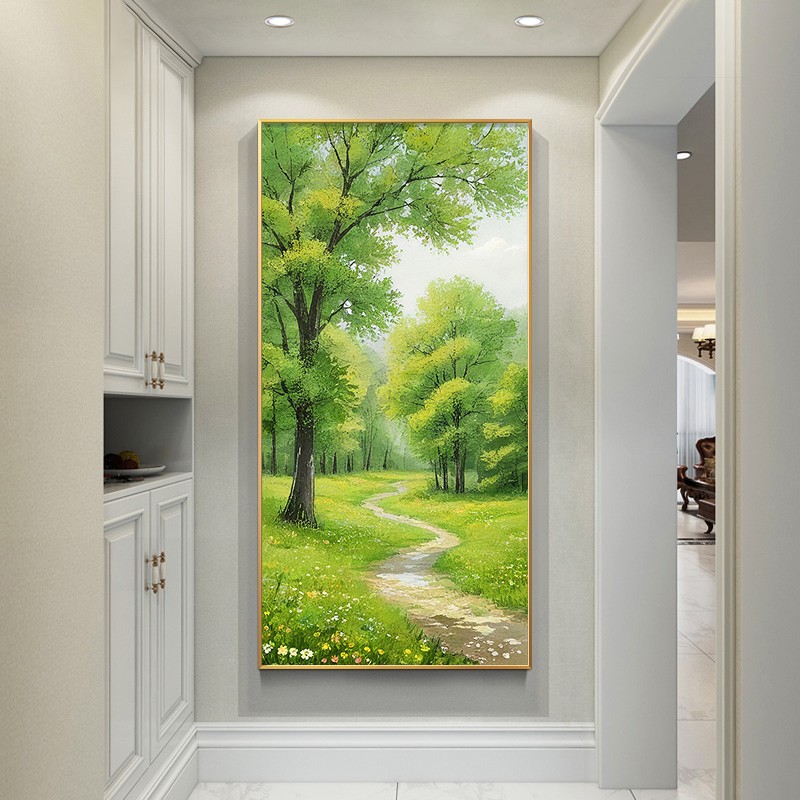 绿色碧林手绘油画轻奢玄关风景装饰画入户走廊过道挂画金色肌理画