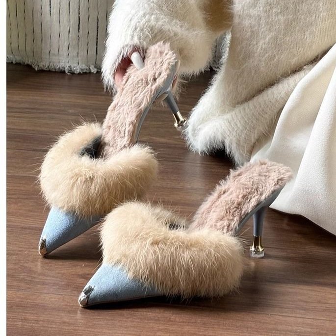 韩版尖头高跟鞋加绒百搭毛毛鞋女半拖秋冬2025秋季年新款毛毛拖鞋