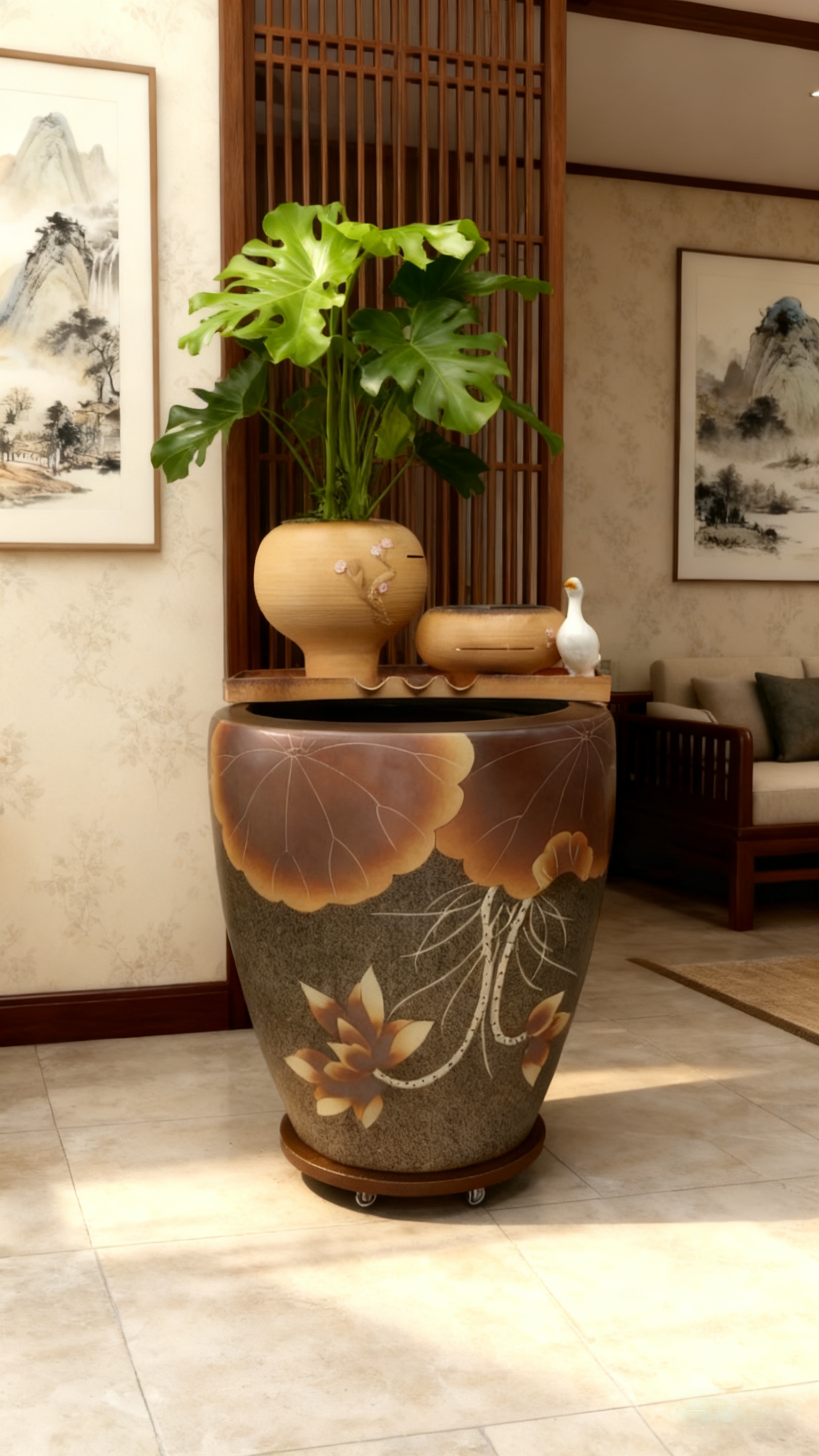 定制古法鱼63×65造景过滤鱼缸客厅办公室阳台庭院茶空间摆件