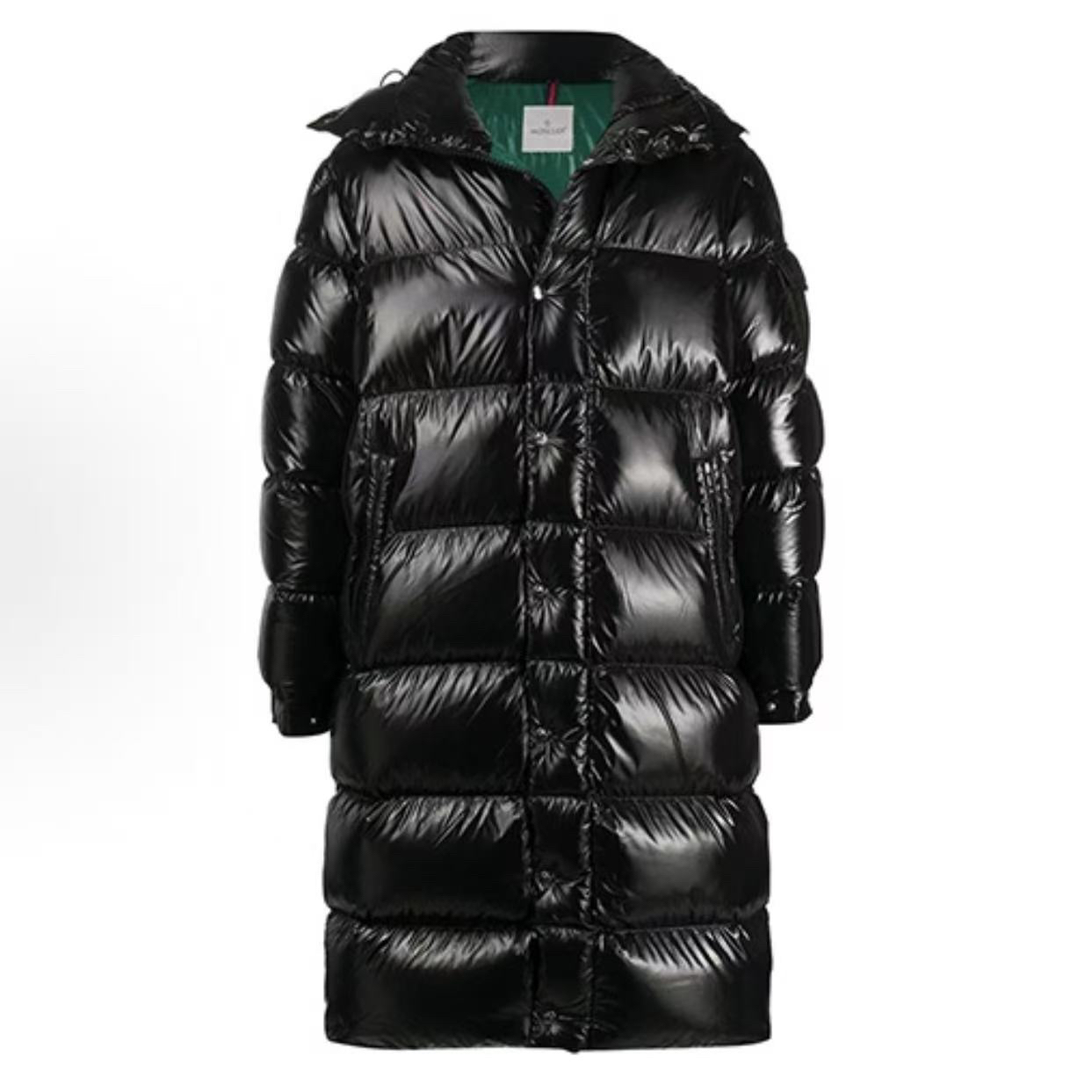 未使用 MONCLER FW21 黑色亮面纯色连帽中长款羽绒服 6码 AA10235