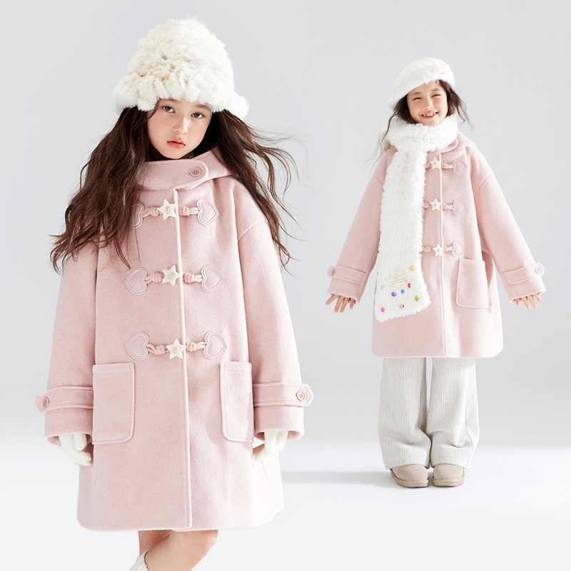 蜜桃粉毛呢大衣五角星牛角扣外套加棉冬季女童M44XW3221