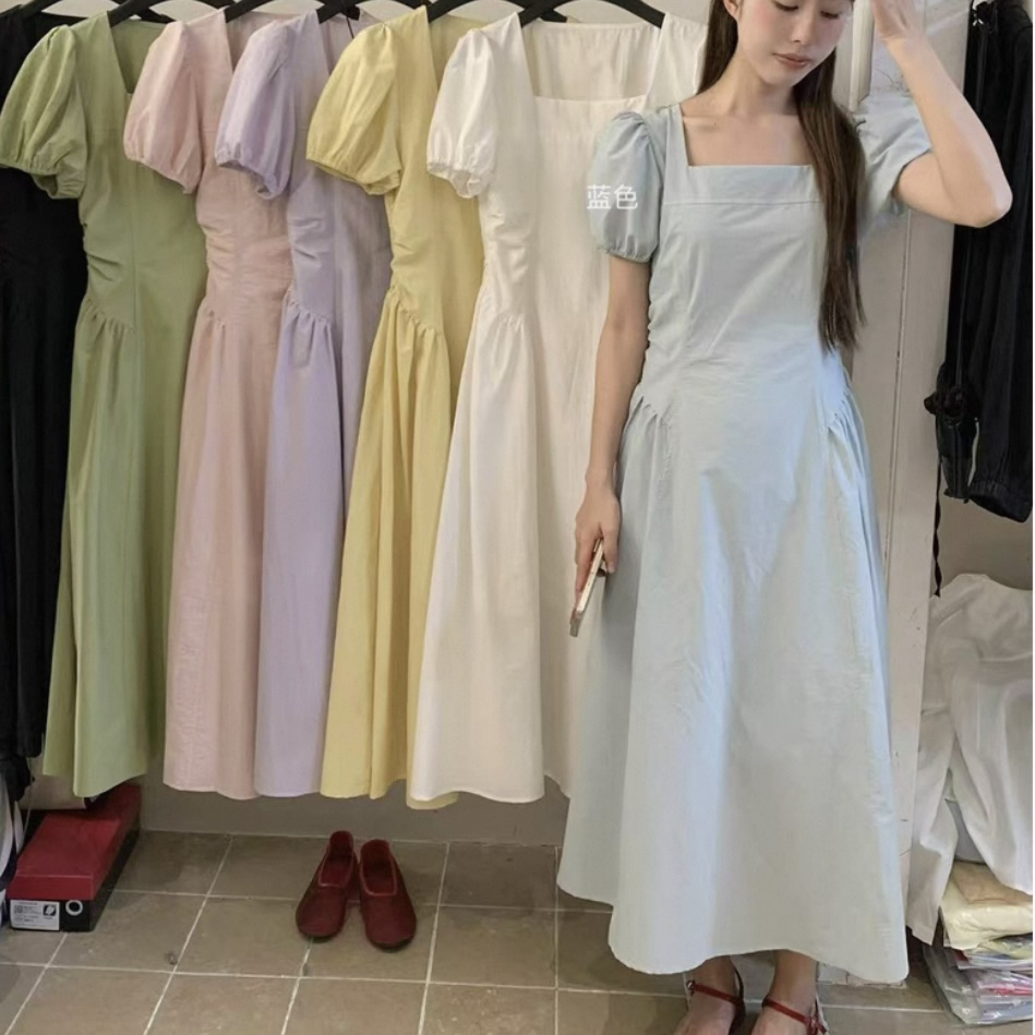 大码新款夏季法式设计感小众方领复古显瘦气质百搭连衣裙女