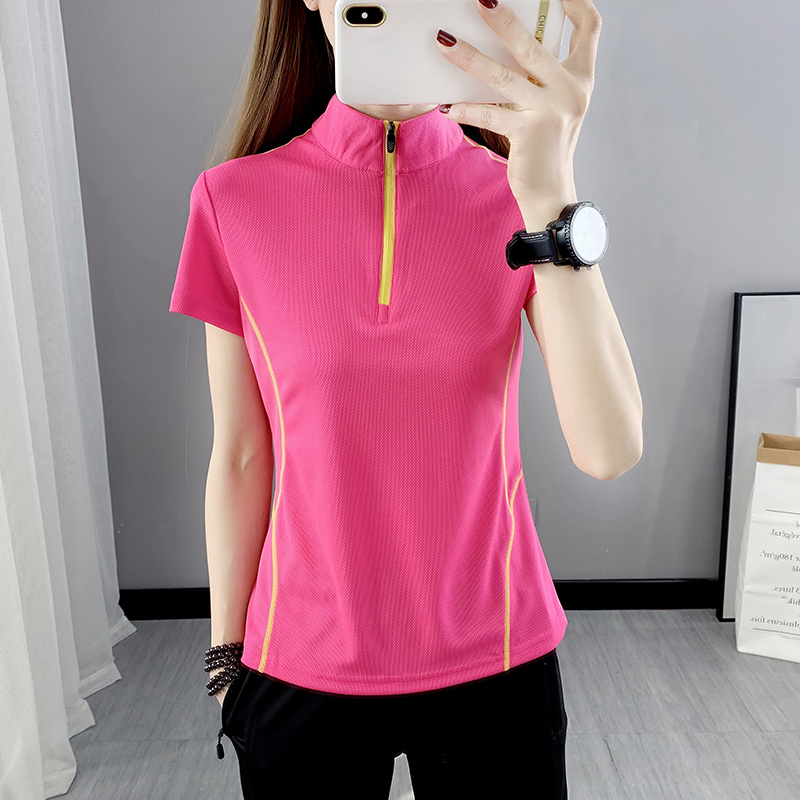 夏季新款薄速干衣短袖t恤女弹力运动健身衣立领大码透气跑步上衣