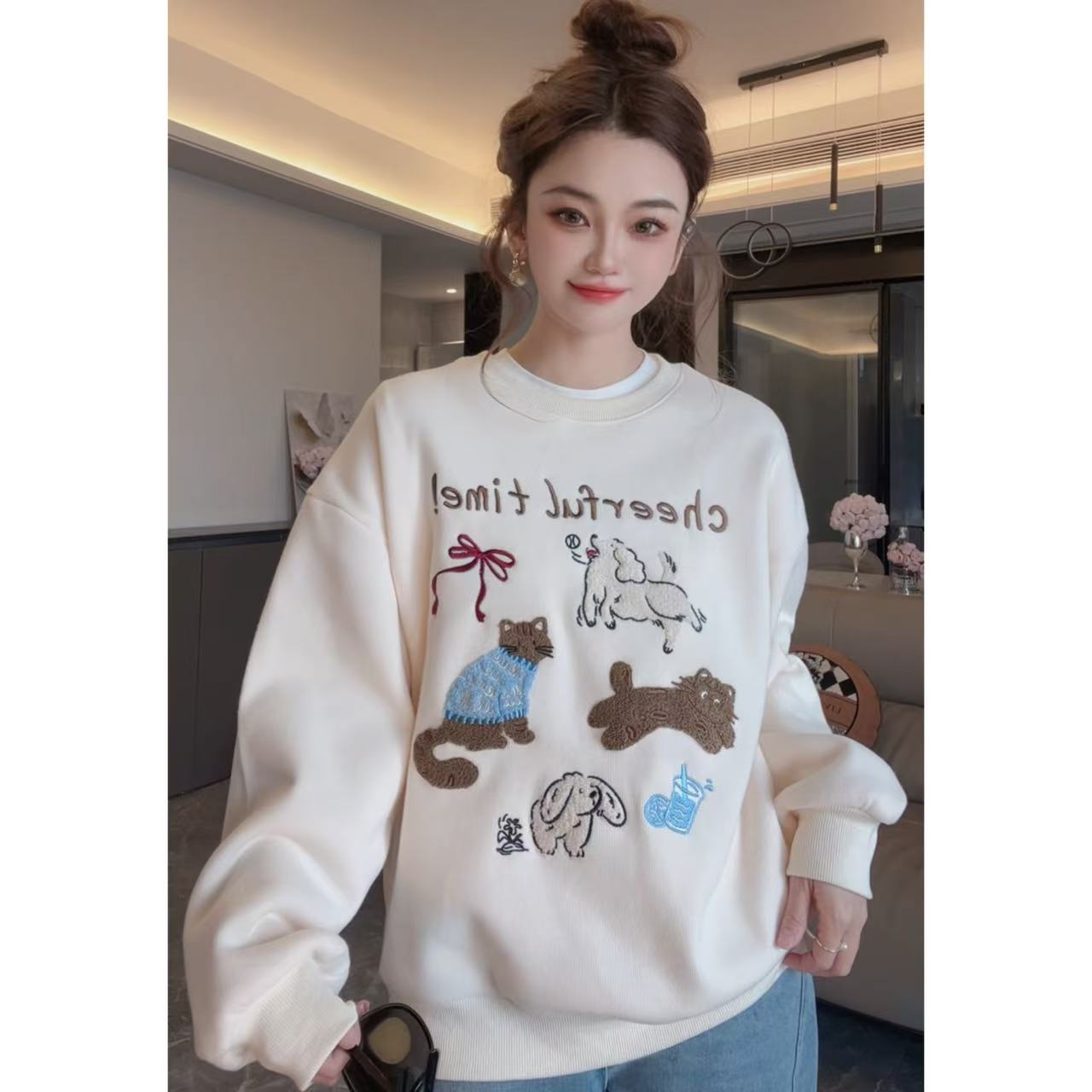 毛巾绣圆领宽松套头刺绣卫衣2025年春季新款爆款卫衣2010