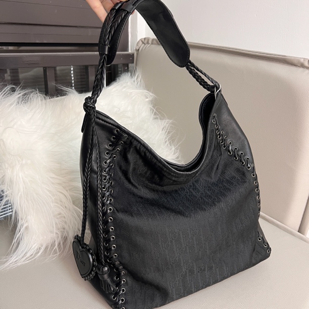 95新 DIOR/迪奥 大号黑色老花布面编织爱心hobo托特腋下单肩包