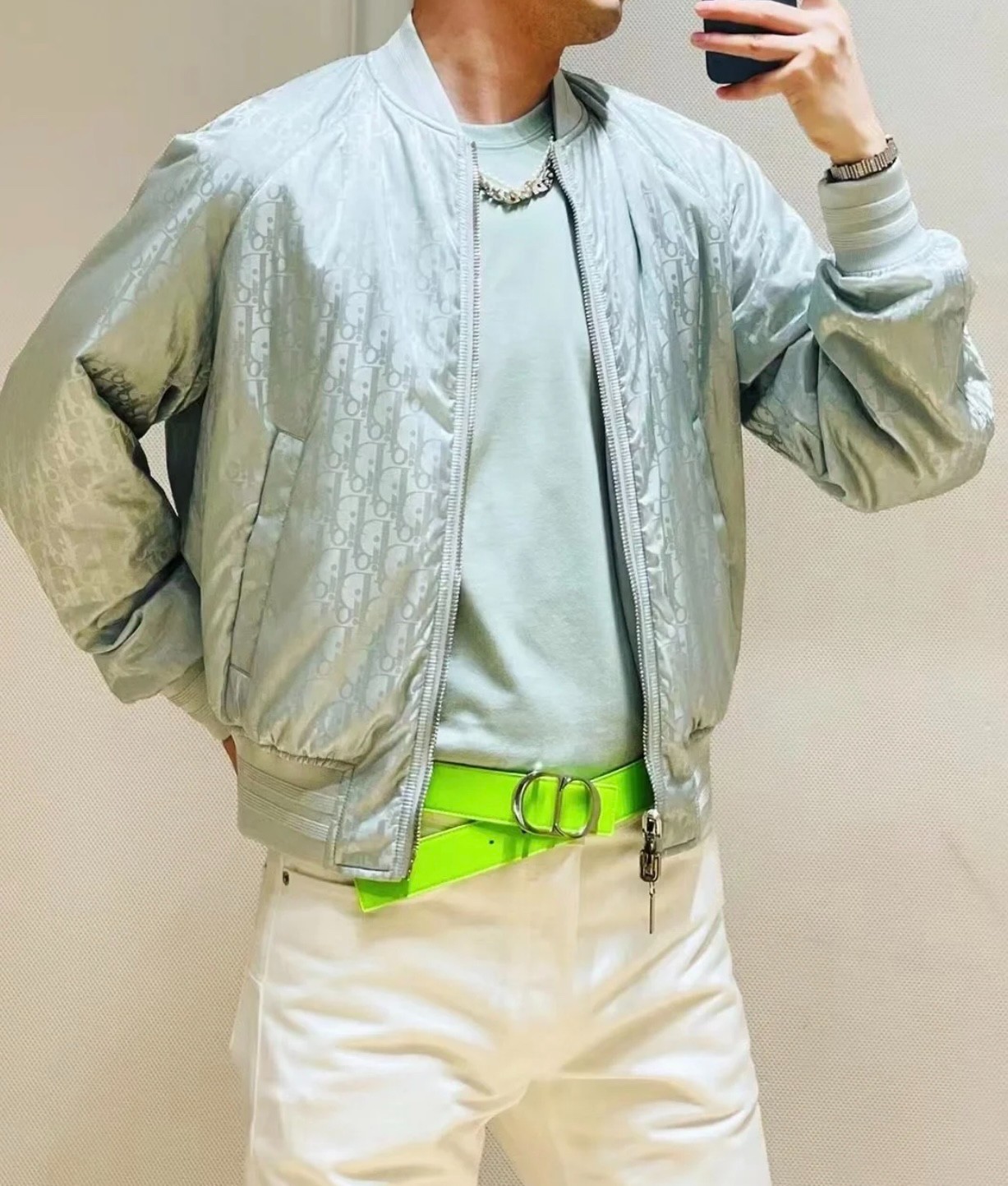 全新未使用 DIOR/迪奥 男士绿色棒球领飞行员夹克时尚潮流 129349