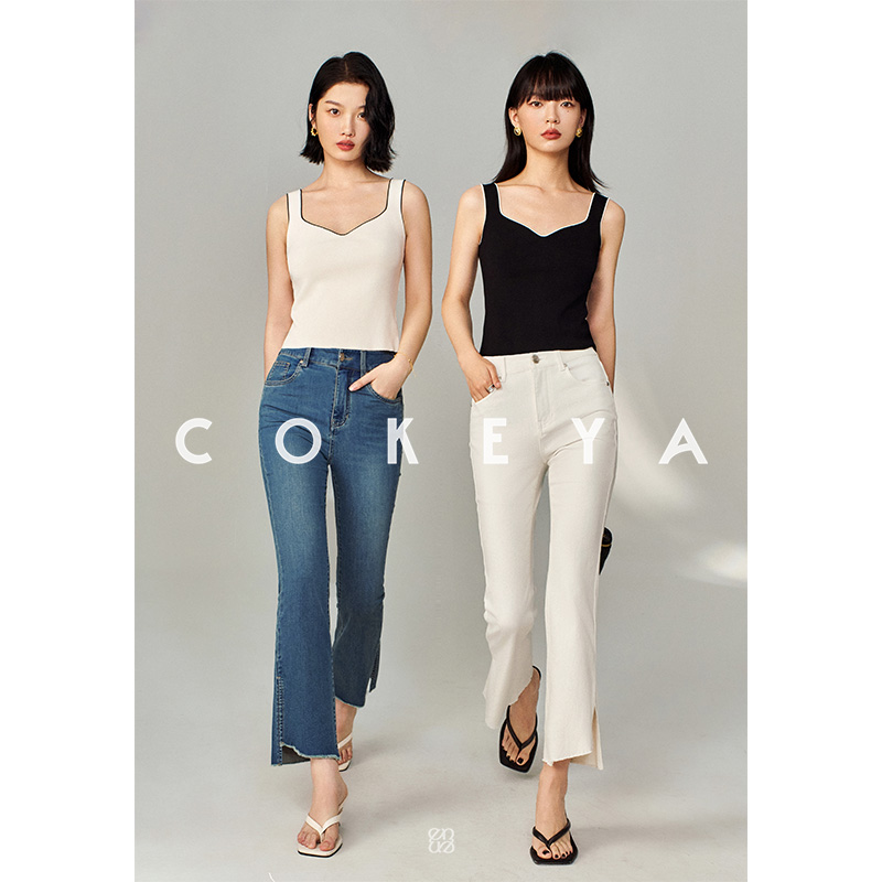 COKEYA/超模微喇裤~脚口不规则开衩毛边高弹力轻薄九分牛仔裤女夏