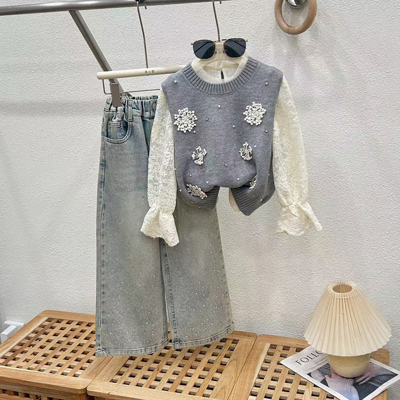 女童牛仔裤套装春秋2025新款童装儿童裤子女孩大童套装春装阔腿裤