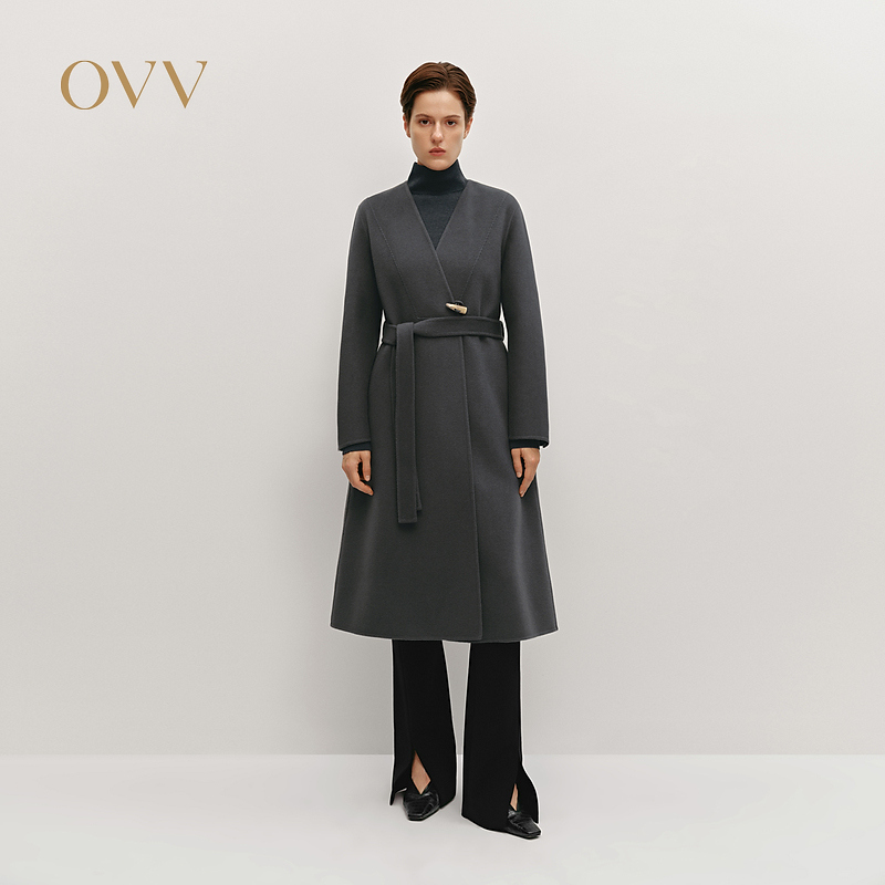 OVV24秋冬新女装无领设计随附腰带中长羊毛双面呢大衣GWDAJ44117A