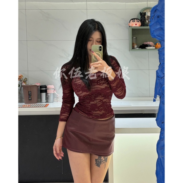 【你伍老板娘】“酒红色皮裙”自带安全裤拉链中腰辣妹半身裙