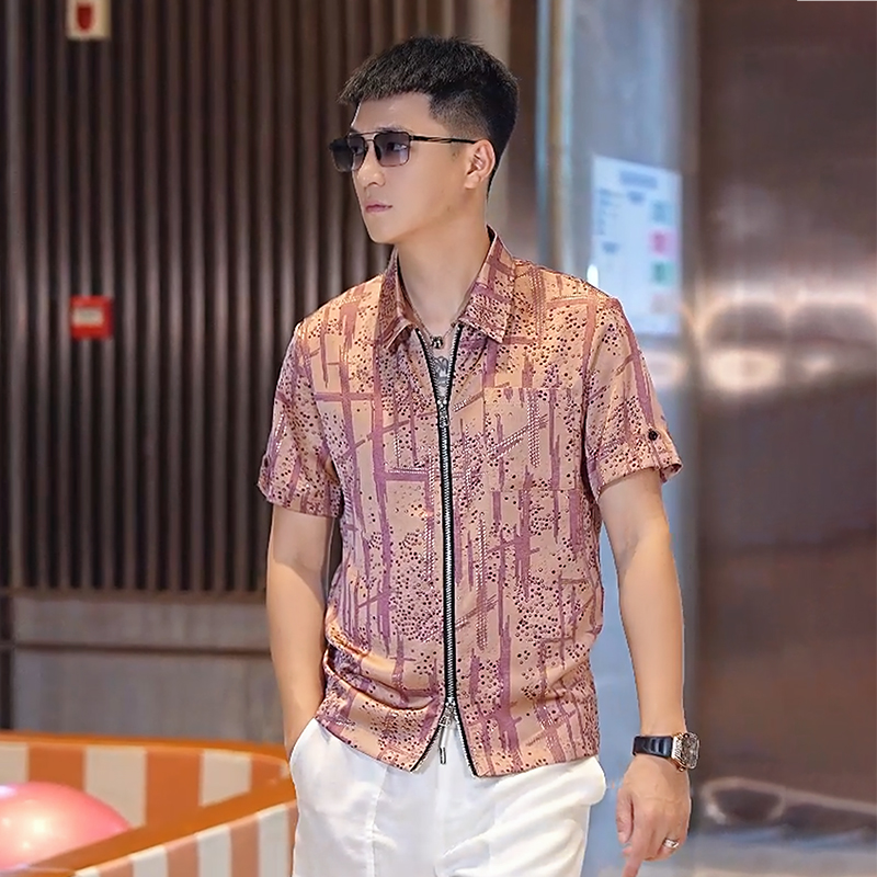 2025夏季新款时潮流爆款冰丝提花男士时尚休闲百搭双拉链短袖外套