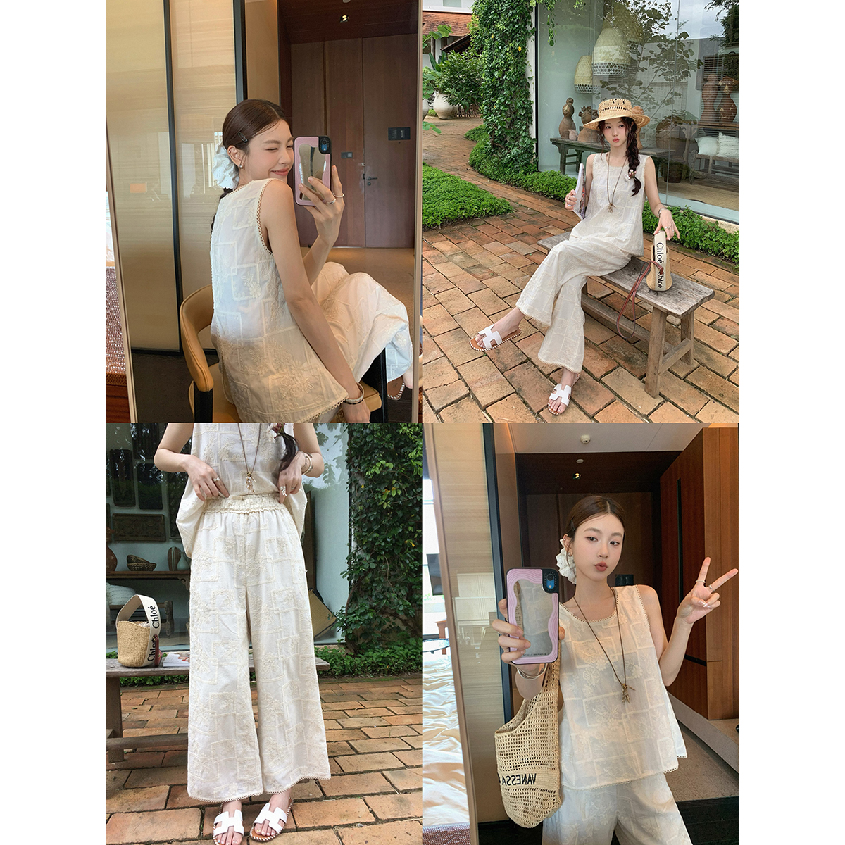 张贝贝 圣马洛清晨 100棉 重工盘花刺绣开衩背心+微喇九分裤