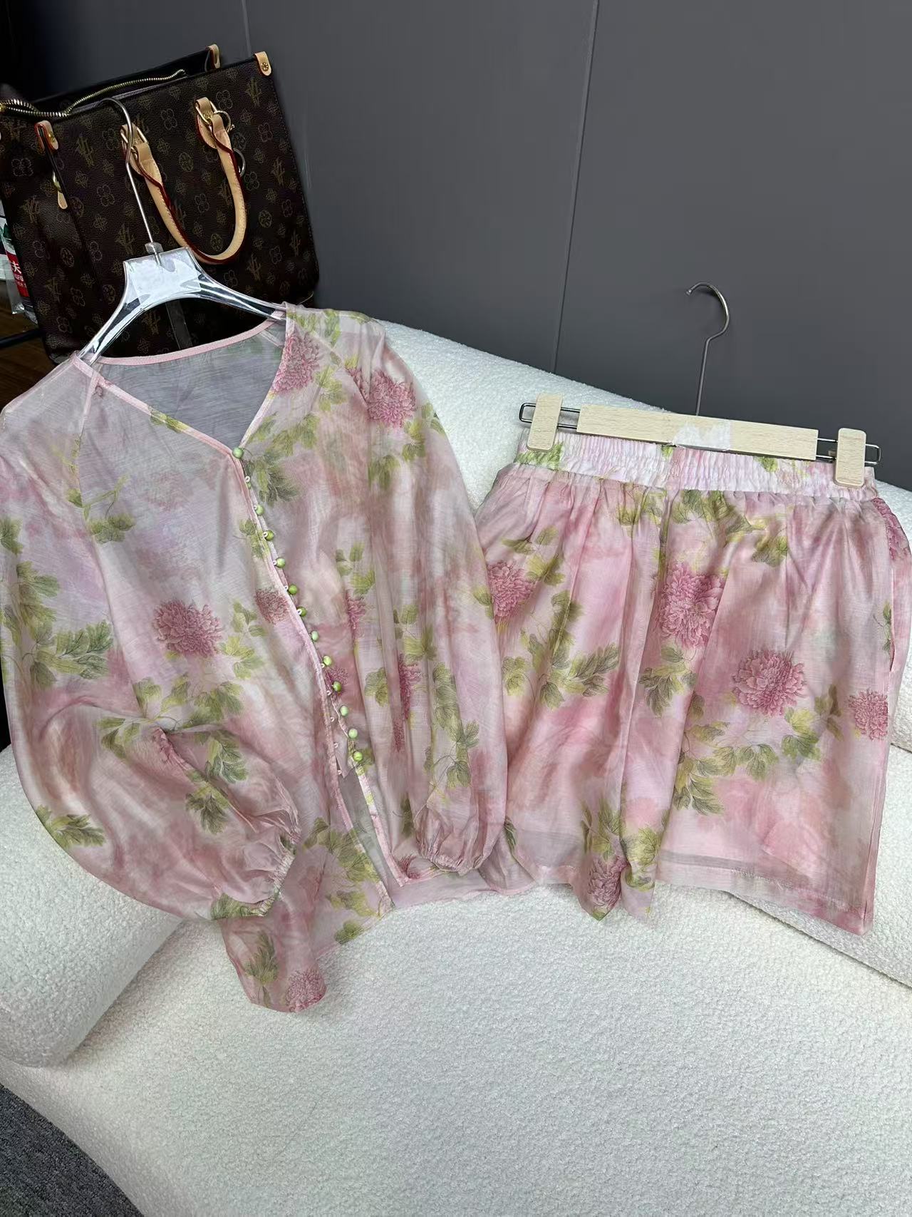新中式国风牡丹彩染多扣宽松夏季粉色套装961