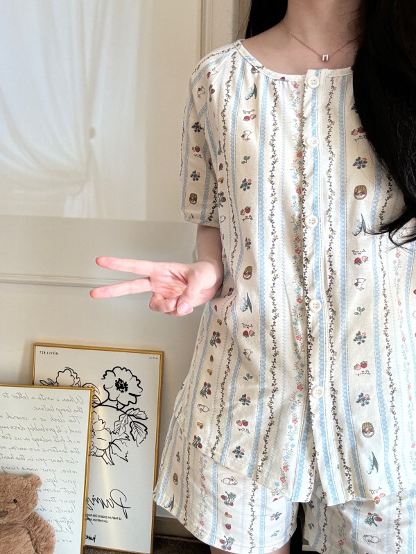 100%纯棉夏季短袖睡衣女开衫圆领ins风丛林小兔宽松大码睡衣