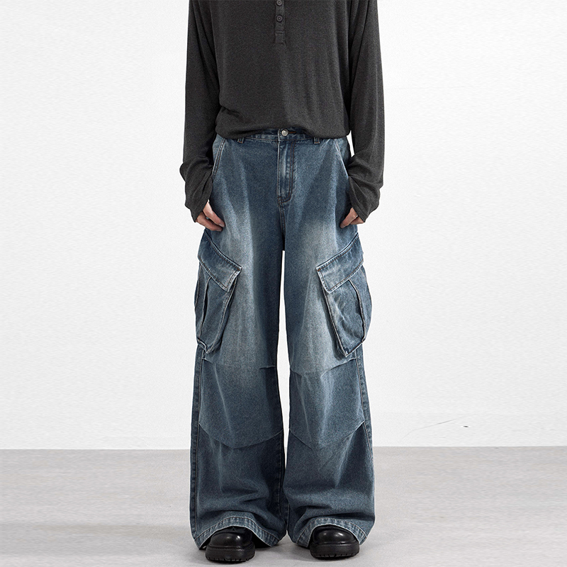 秋冬美式街头多口袋日系工装牛仔裤男女A型宽松阔腿垂感水洗长裤