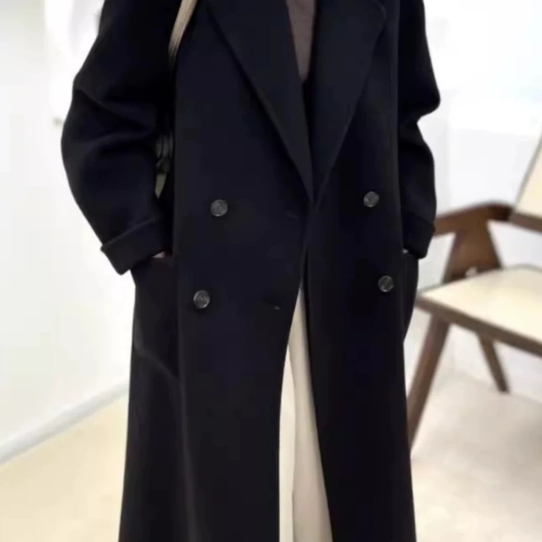 【时尚西装】双面呢时尚韩系手工羊毛大衣翻领大方中长款外套百搭