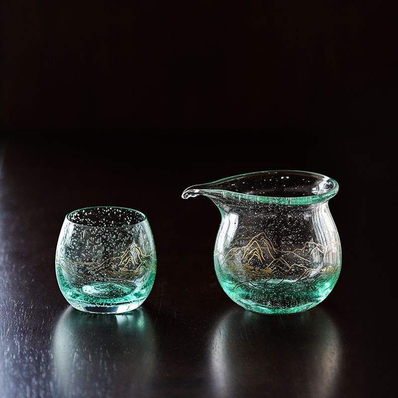 千里江山日式水晶描金玻璃公道杯高档加厚分茶器无耳气泡公杯茶具