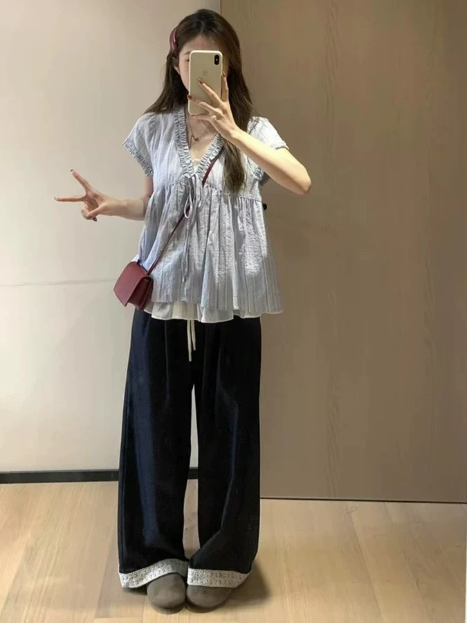 韩系花边假两件V领飞飞袖衬衫西裤两件套女夏季新款时尚减龄套装