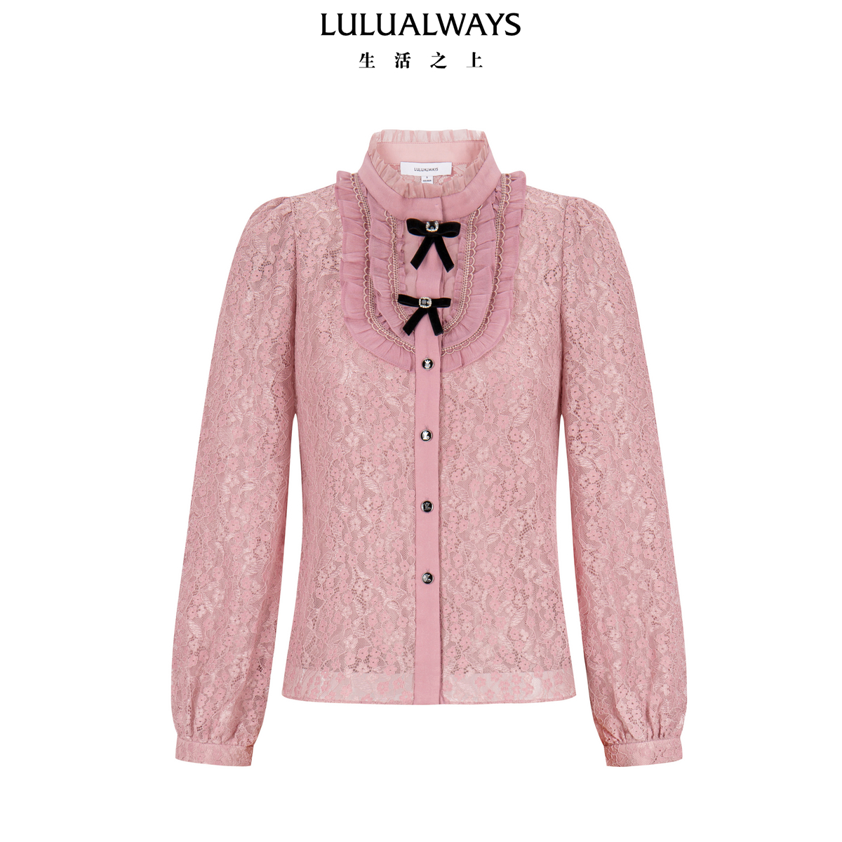 LULUALWAYS我爱露露26春季新款复古甜美风粉色蝴蝶结上衣衬衫