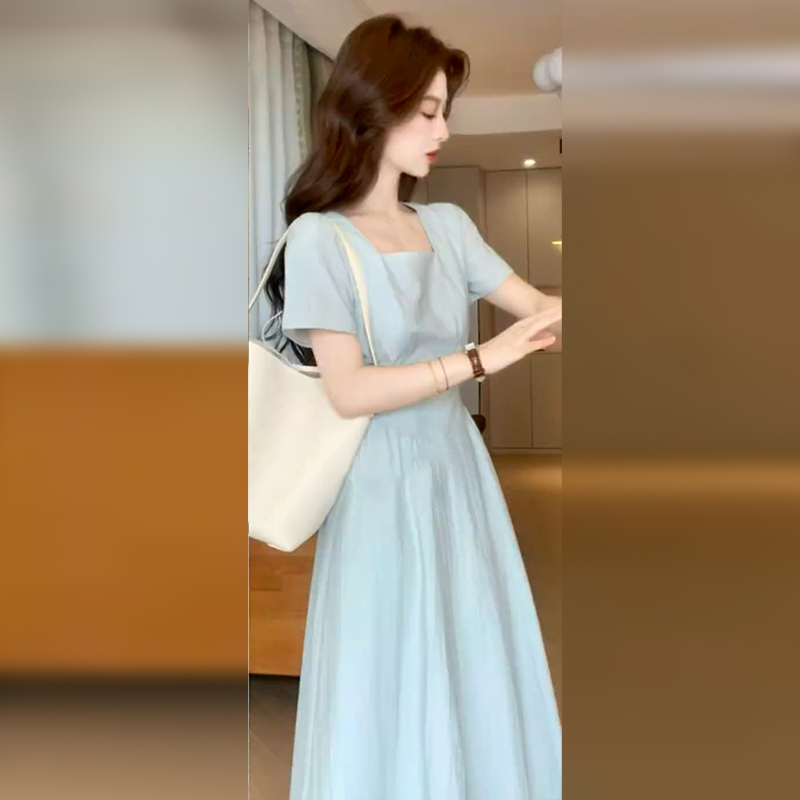 清纯掐腰裙漂亮法式方领连衣裙子女夏季2025新款夏日绝美穿搭长裙