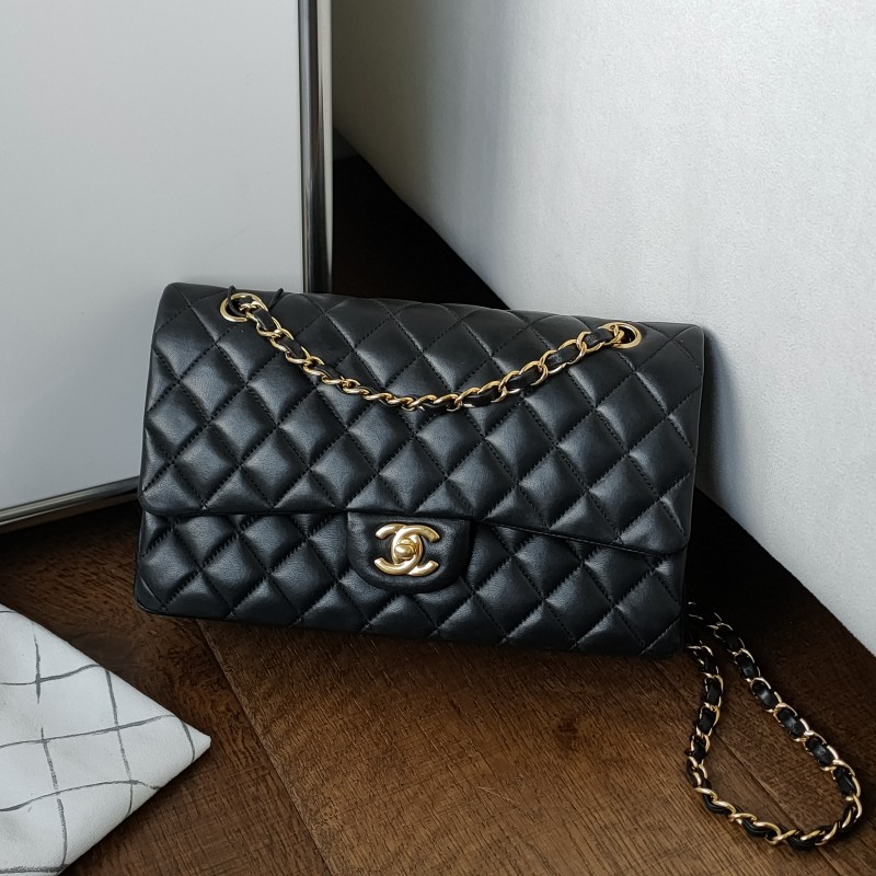 95新 Chanel/香奈儿 Azul-黑金羊皮CF中号单肩包 53213
