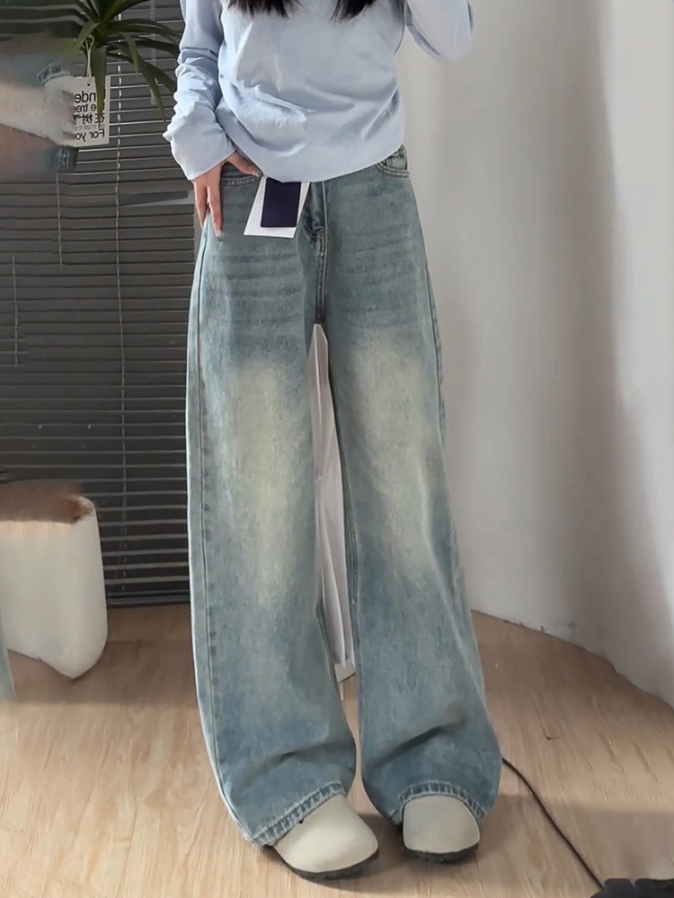 默认瑕疵加绒牛仔裤女阔腿复古百搭高街宽松破洞水洗潮流设计感