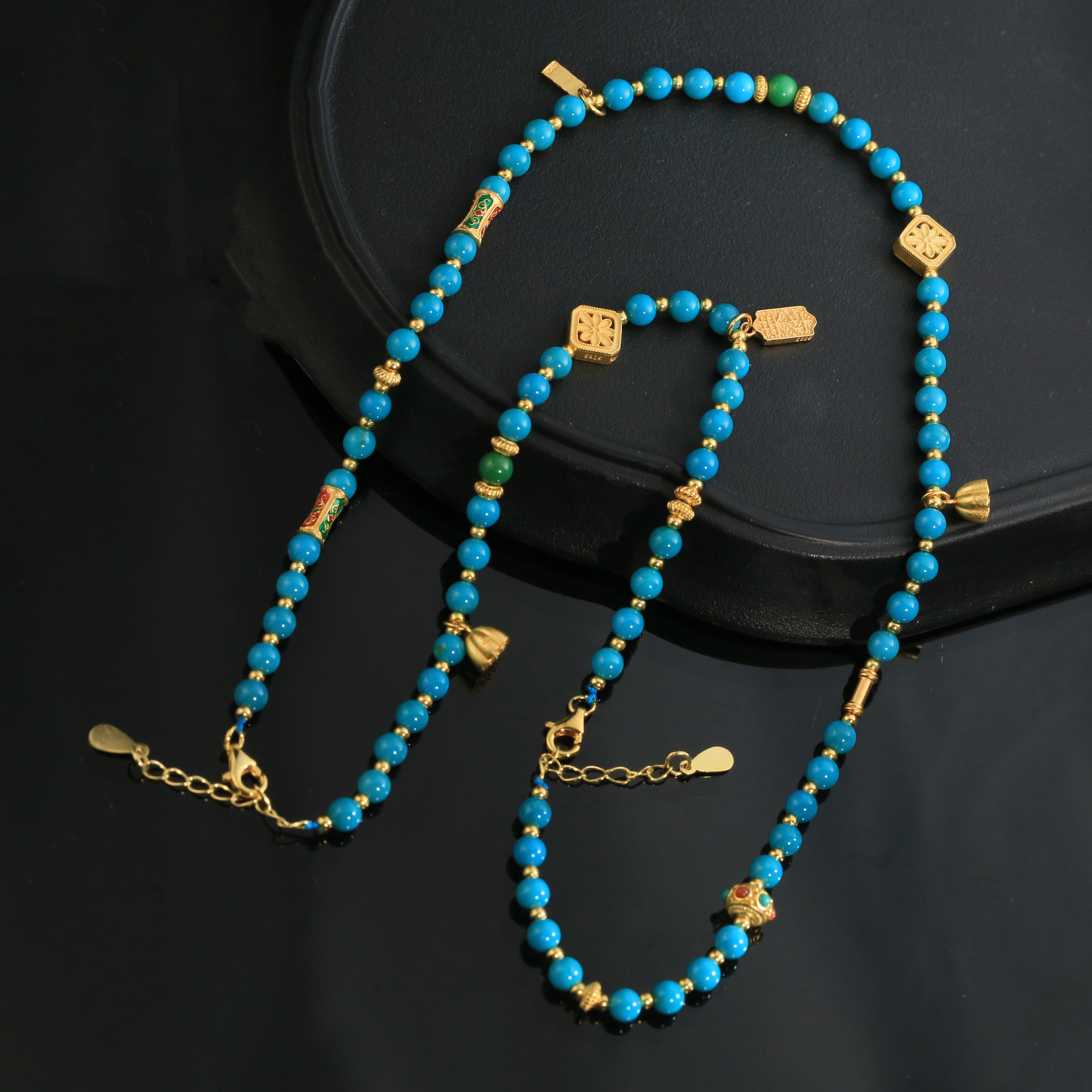 【闫闫专属】安曼博S925绿松石美松圆珠两戴款项链 约4mm XZ0117BZ