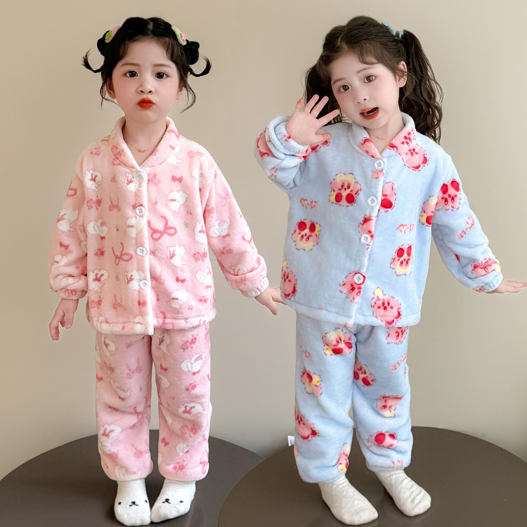 女童珊瑚绒睡衣秋冬季宝宝加厚女孩法兰绒开衫套装儿童加绒家居服