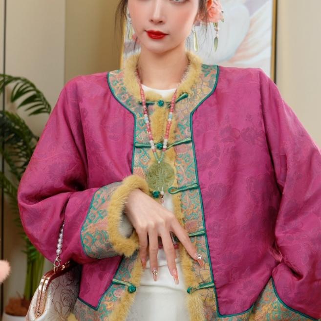 （名锦花间）毛领冬款毛领棉服重工织锦外套2024D5550-元宝