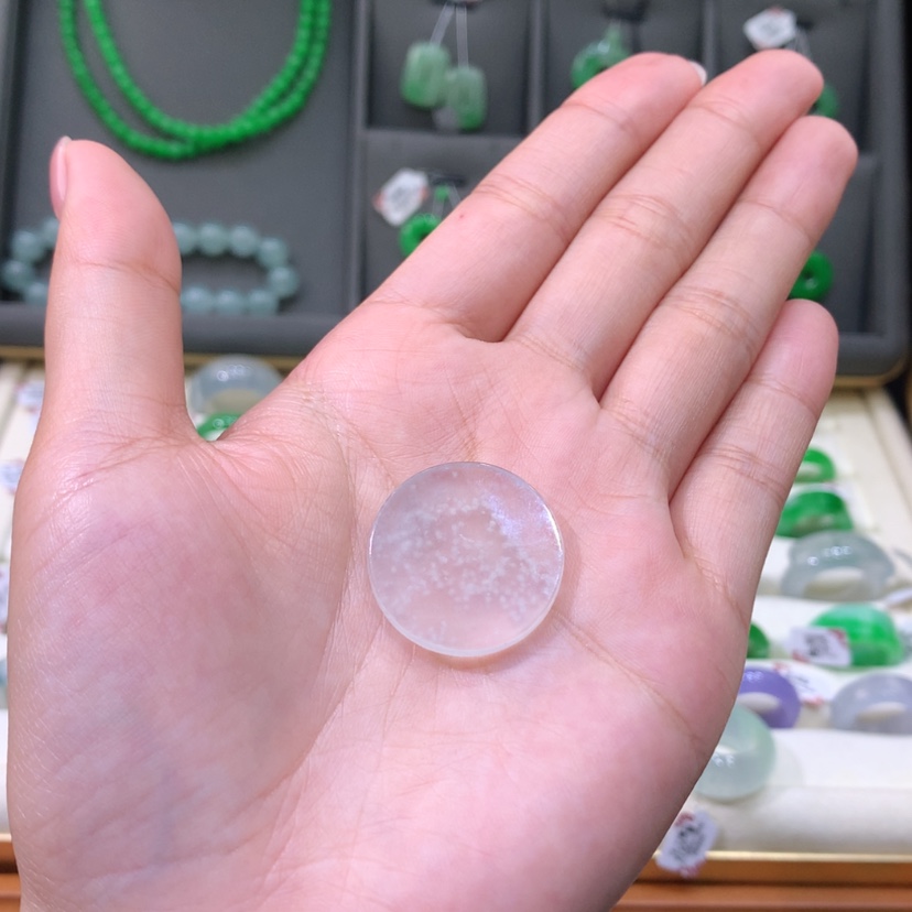 【闪购商品】未镶嵌戒指翡翠木那料雪花棉玻璃种水圆牌（新品）