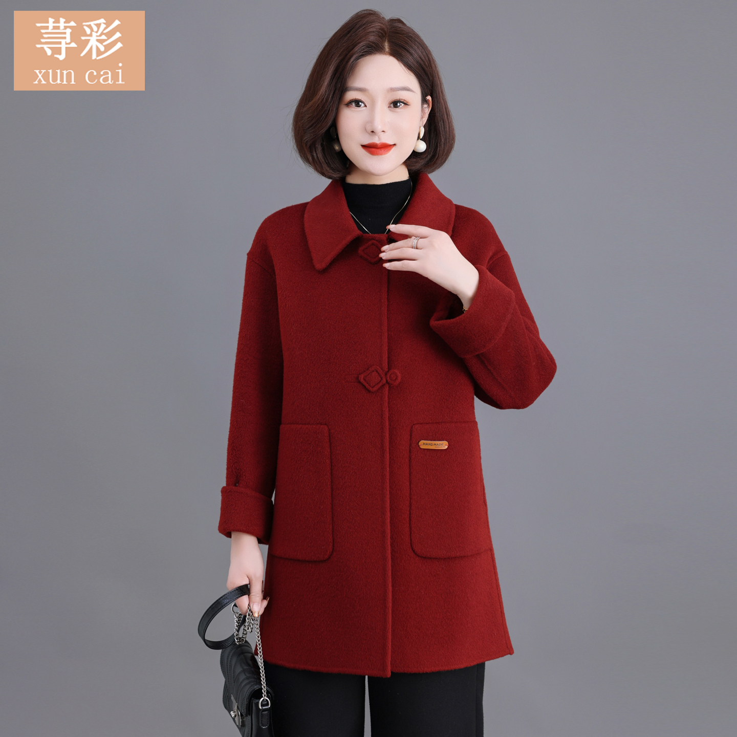 100%纯羊毛妈妈时尚双面羊毛大衣中长款秋冬新款气质显瘦毛呢外套