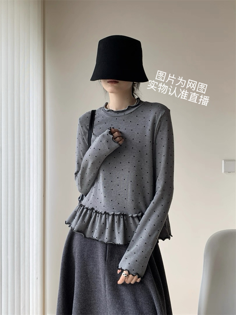 冬季新款灰色波点花边设计显瘦百搭长袖打底T恤女DGZ-9978