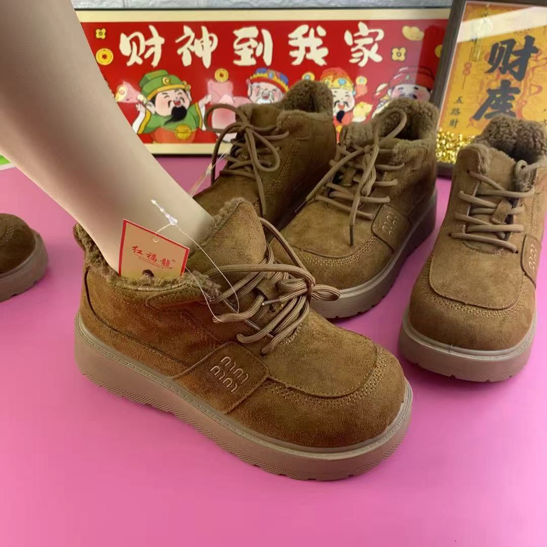 雪地靴防滑系带车缝线时尚雪地靴厚底软底短靴马丁靴