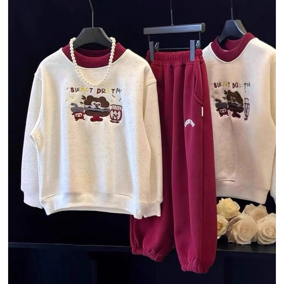 韩版东大门潮牌汉堡包刺绣加绒加厚冬季女童套装 A703 703  Q2