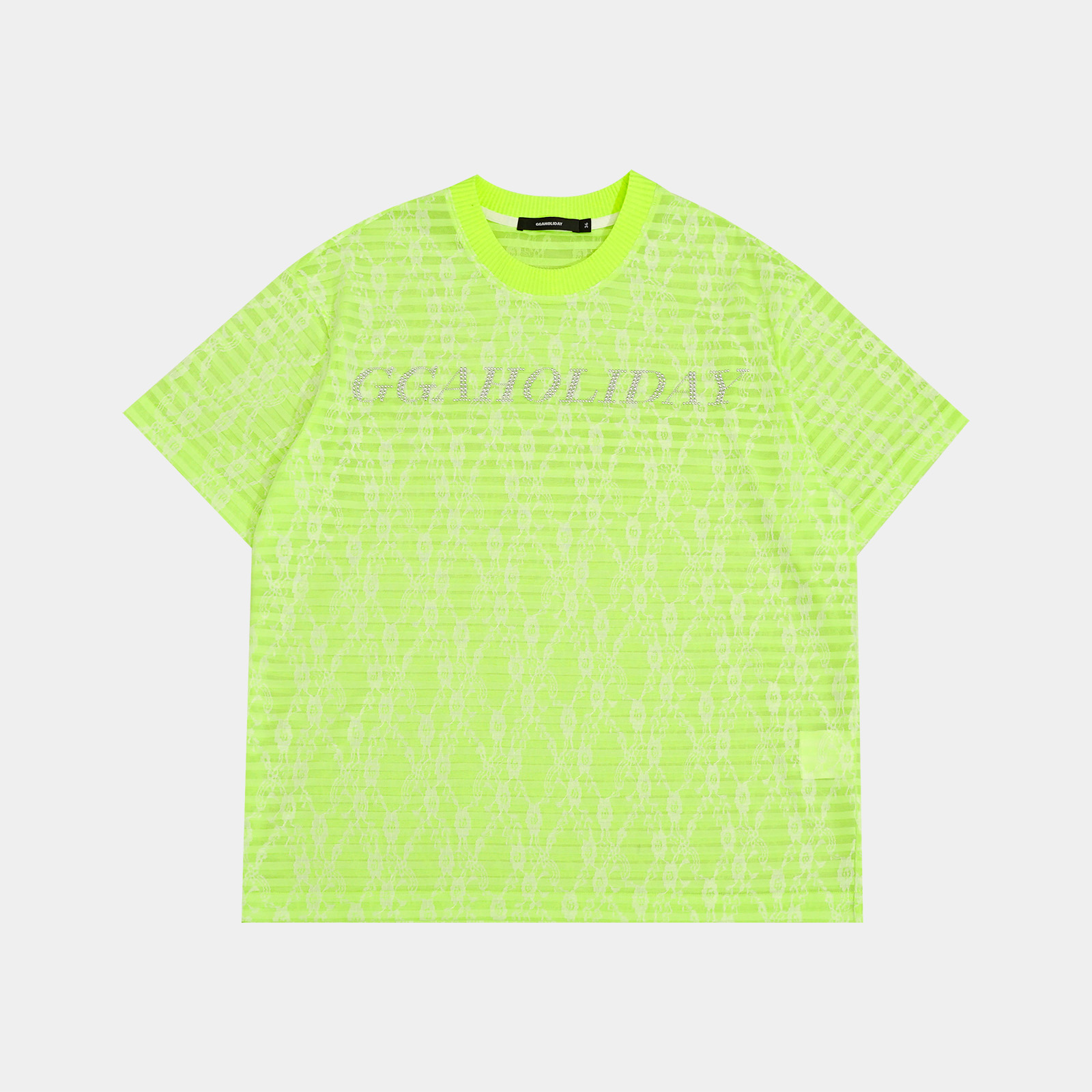 25N夏季新款轻奢高级美式街头潮流设计荧光绿条纹短袖大T  152594