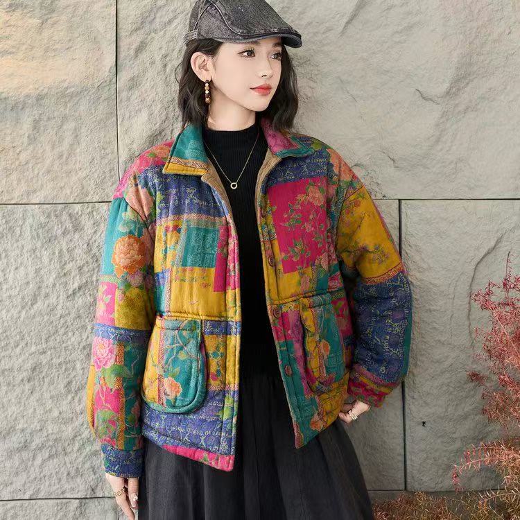 复古印花翻领棉服女宽松夹棉保暖花色棉衣洋气百搭减龄秋冬棉外套