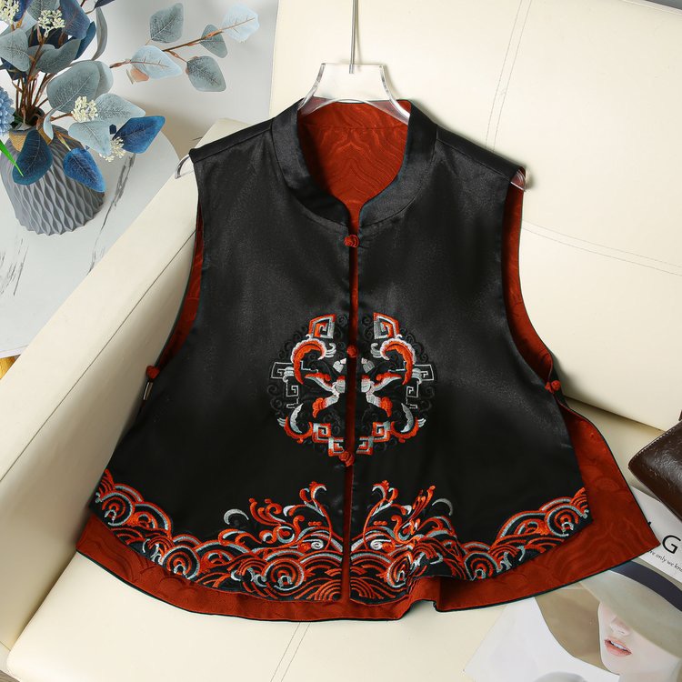 立领双面穿透气马夹新中式民族服妈妈装重工刺绣004