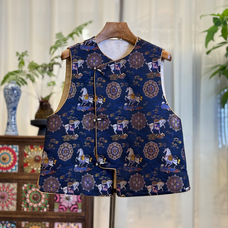 【幽络】新中式桑蚕丝宋锦提花马甲百搭圆领坎肩上衣中国风马夹女装
