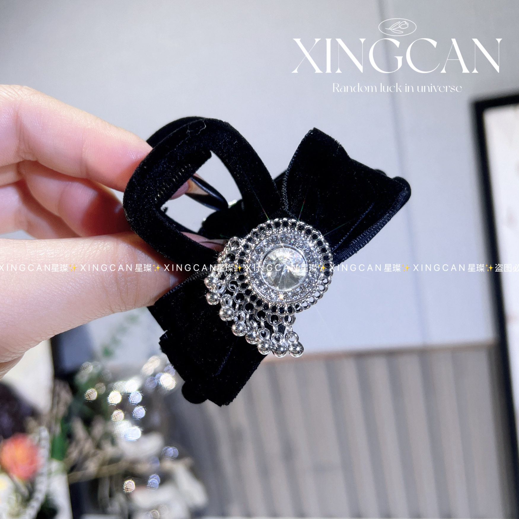 黑茶丝绒水钻抓夹秋冬复古时尚后脑勺半扎发气质发饰女鲨鱼夹