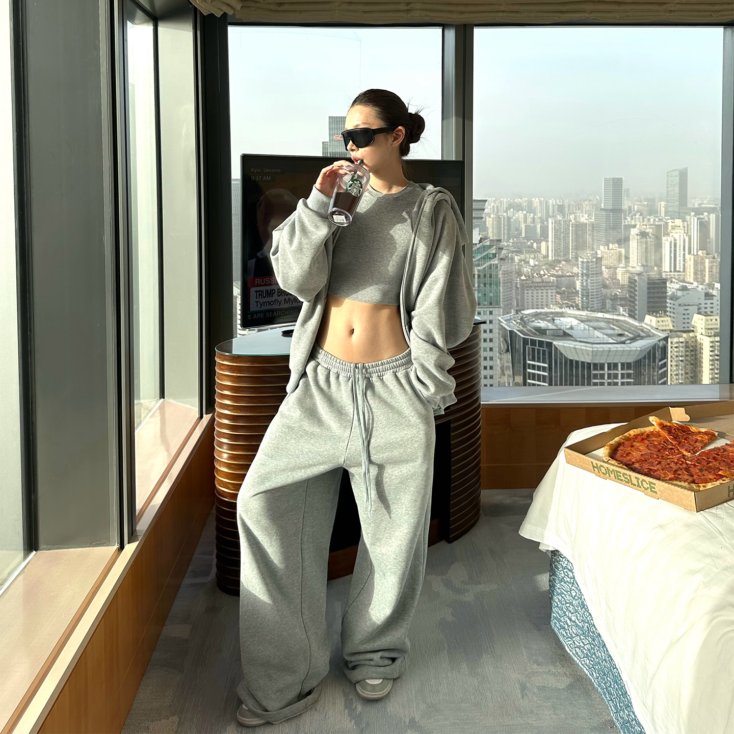 0122stepll 之境 灰色卫衣三件套女宽松休闲慵懒加绒阔腿卫裤套装