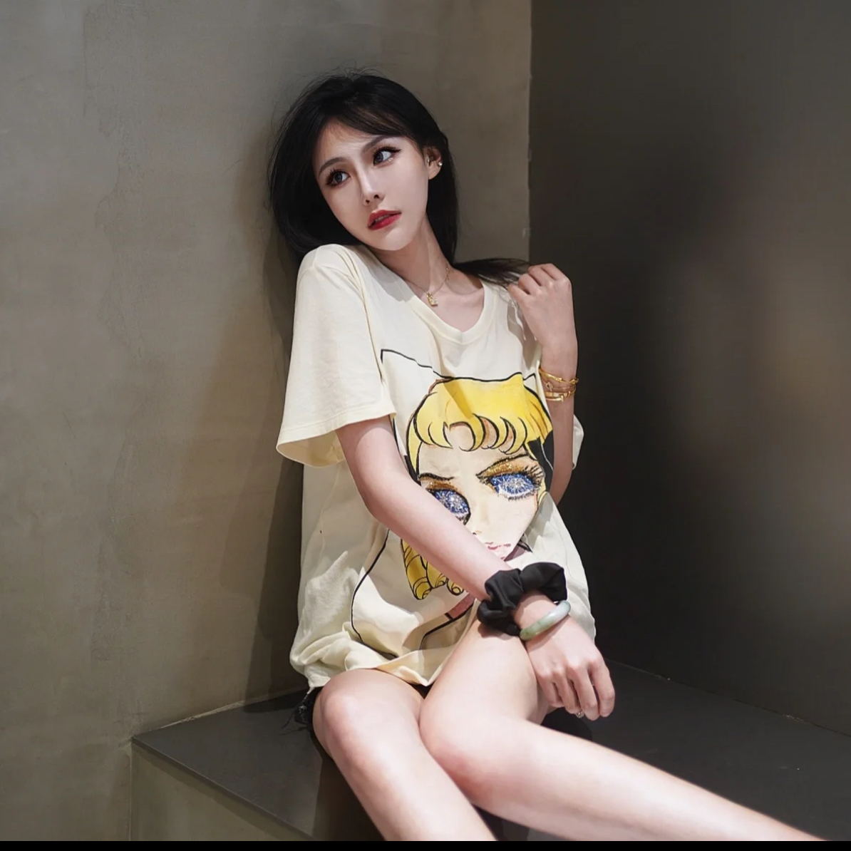 99新 GUCCI/古驰 淡黄色花仙子漫画印花短袖XXS码