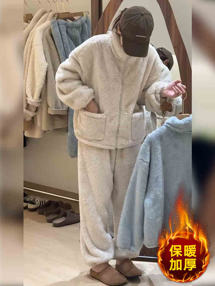 正版【加厚的不是薄款】冬季睡衣女韩版加绒保暖家居月子服套装外穿