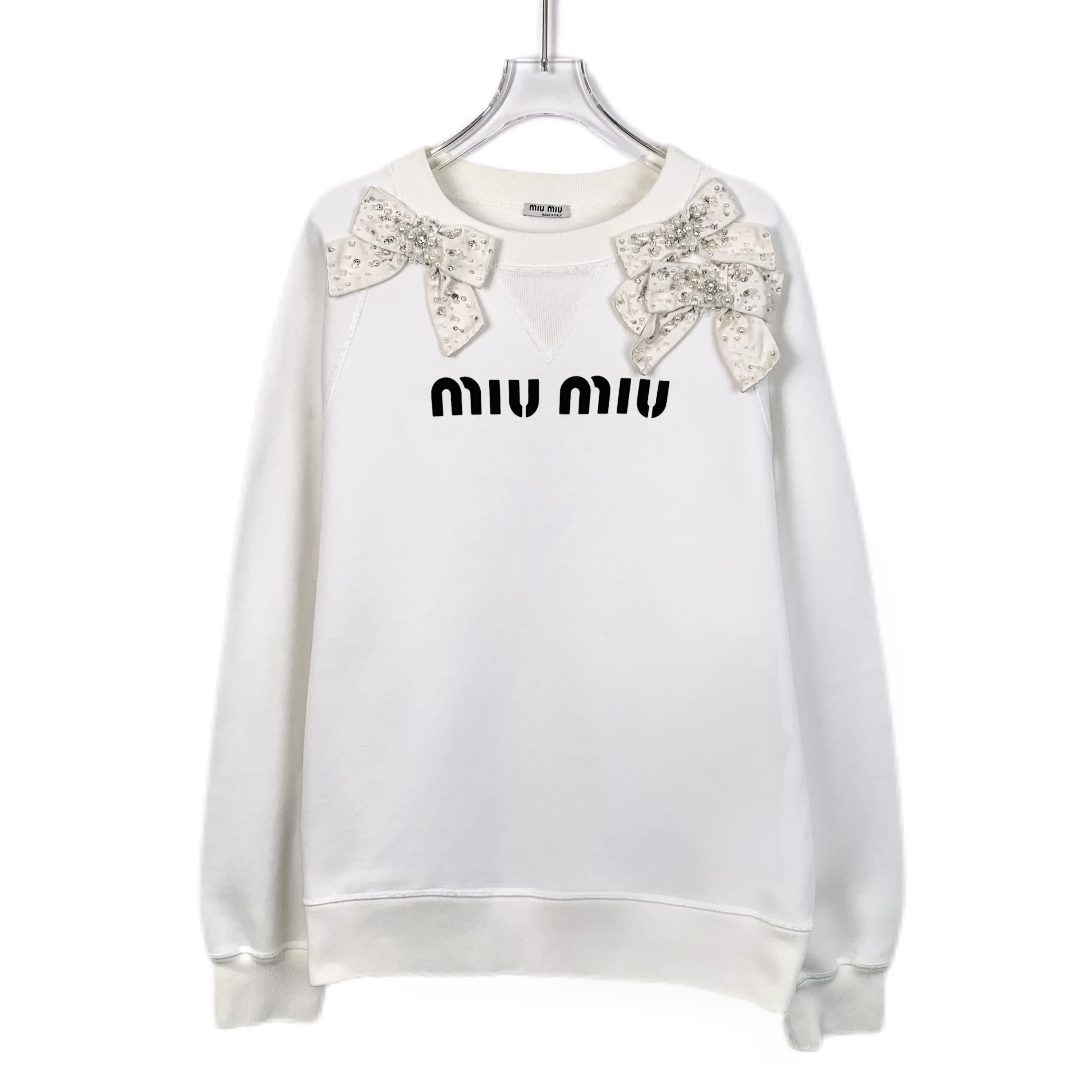 95新 MIU MIU/缪缪 H13532 蝴蝶结珠饰字母印花卫衣 XS码