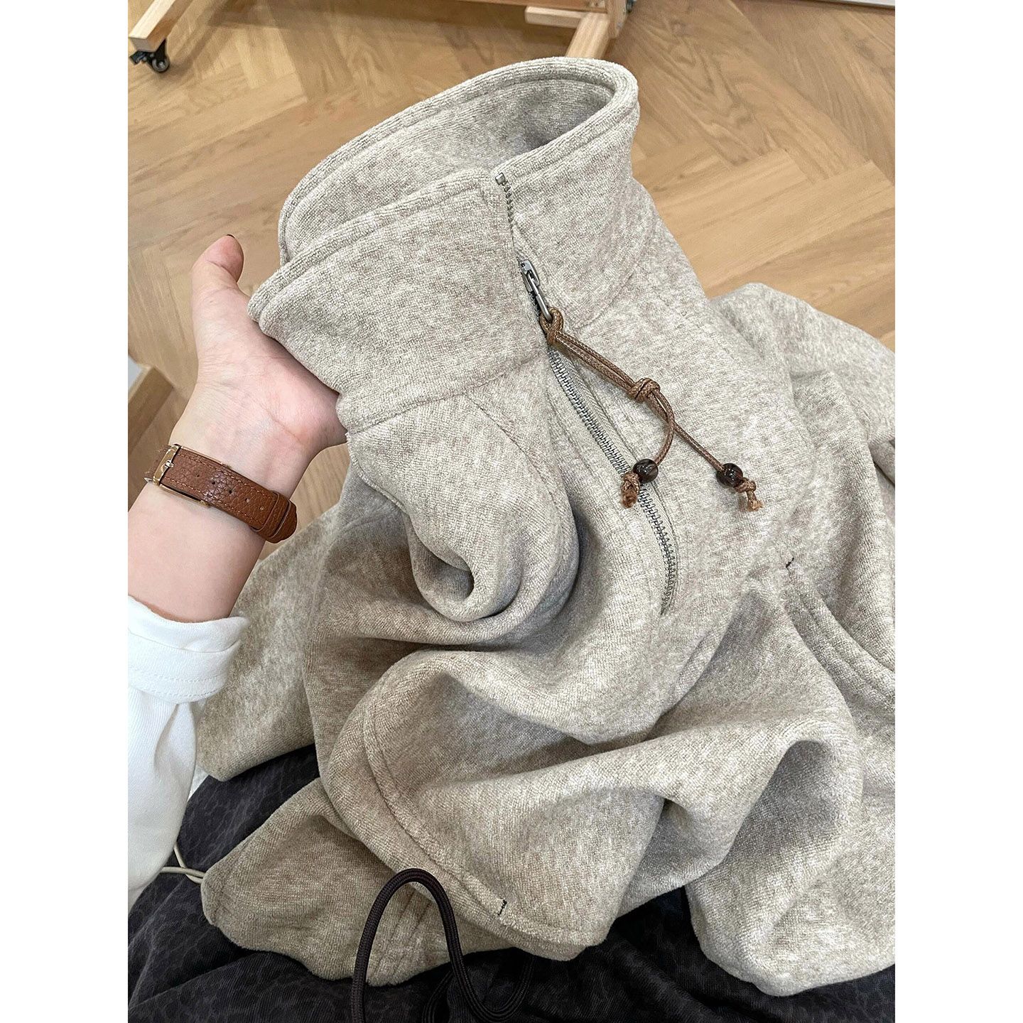 2025新款时尚立领拉链街头风女抽绳慵懒风卫衣潮秋季加绒灰色显瘦