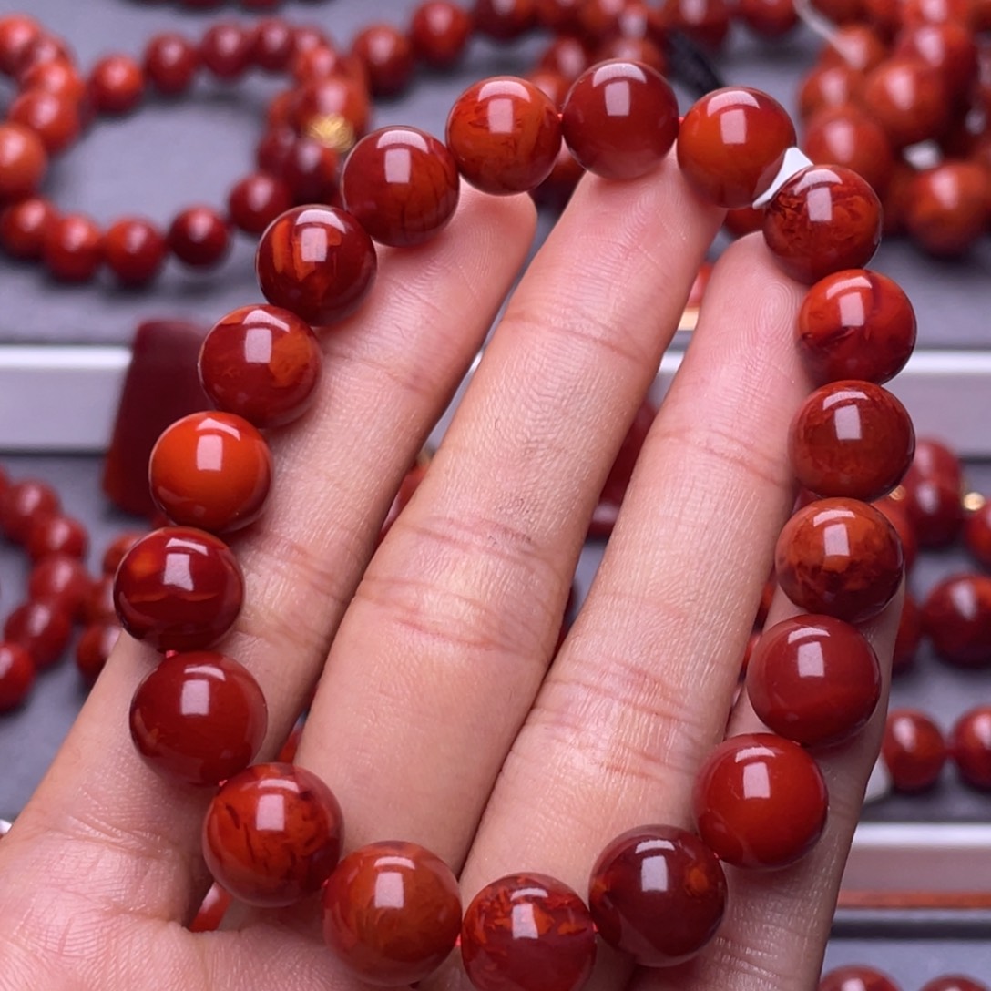南红玛瑙未镶嵌其他天然原矿）高品10➕瓦西玫锦火焰圆珠手串 