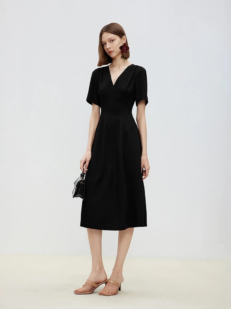 妙启时尚-DP1076款女款黑色法式收腰气质连衣裙