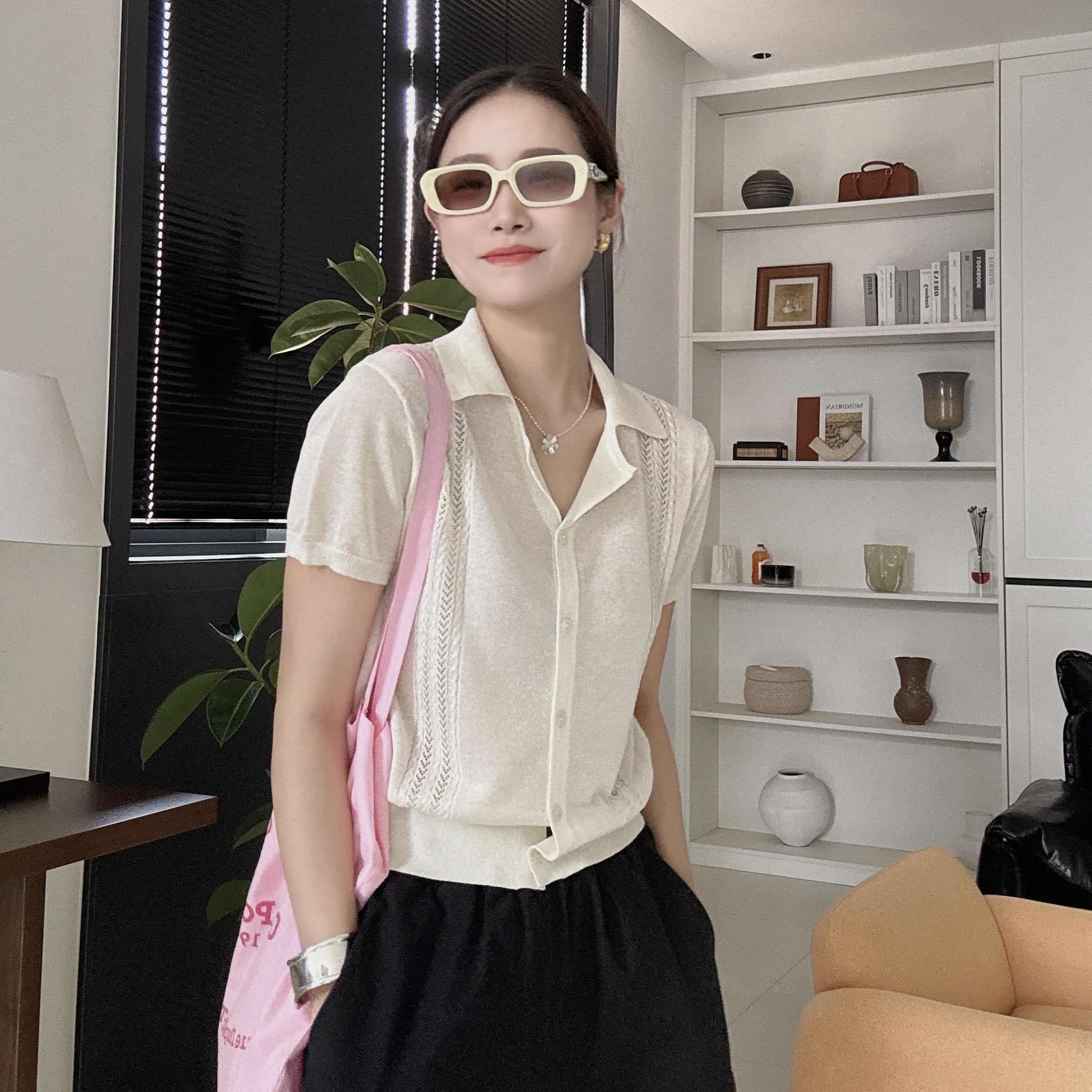 【丽姐女装】南法风情｜气质提花小翻领 夏日透气吸汗精致针织M0376