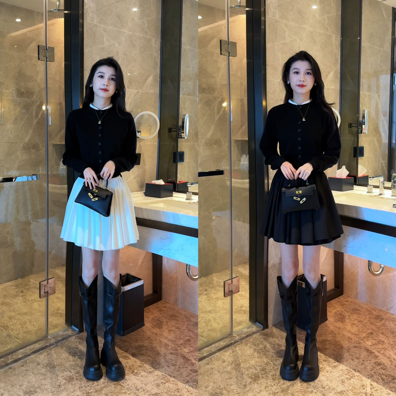 拼接领长袖开衫蓬蓬裙时尚套装