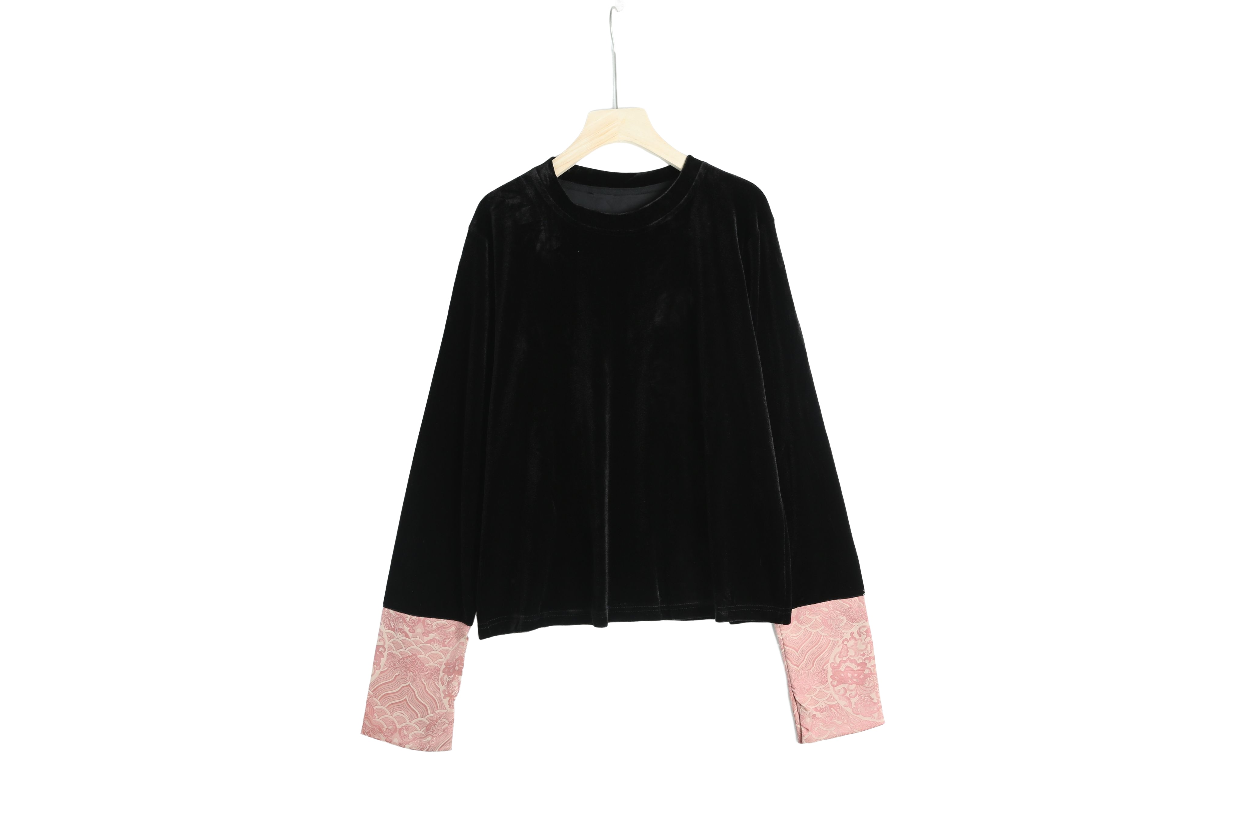 S0019女士国风圆领金丝绒小衫上衣打底设计款加长袖口百搭上